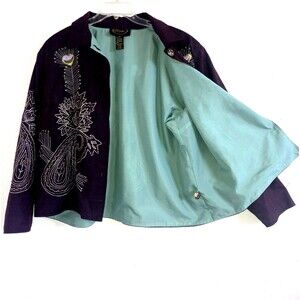 ALEX KIM sz 2X Embroidered Aubergine Peacock Paisley Lined Jacket Over-Top Tunic